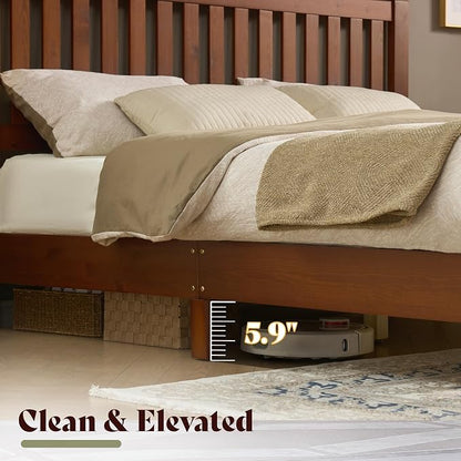 AMERLIFE King Bed Frame, Solid Wood Platform Bed with Vertical Slats Headboard, Wooden Bedframe King-Size, Sturdy Wooden Slats Support, No Box Spring Needed, Noise Free, Walnut
