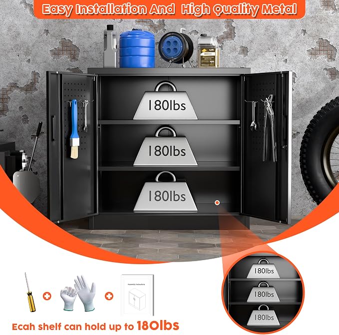 Metal Garage Storage Cabinet with Lock and Pegboard, Locking File Cabinets with Doors and Shelves for Office,Home,Garage,Gym, School, Assembly Required, Black