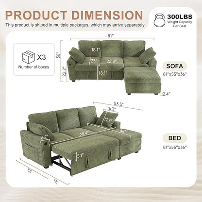 Hanherry 81" Sectional Couch with Pull Out Bed,3 Seat Corduroy Sleeper Sofa with Storage Ottoman & USB Charging,Comfy L Shaped Modular Couches for Living Room,Apartment