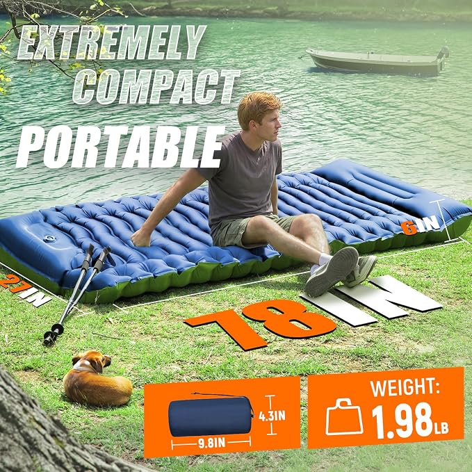 FUN PAC Camping Sleeping Pad,with Foot Pump and Pillow – Ultralight Compact Sleeping Mat for Backpacking, Hiking, Tent – Portable Single Inflatable Mattress for Outdoor