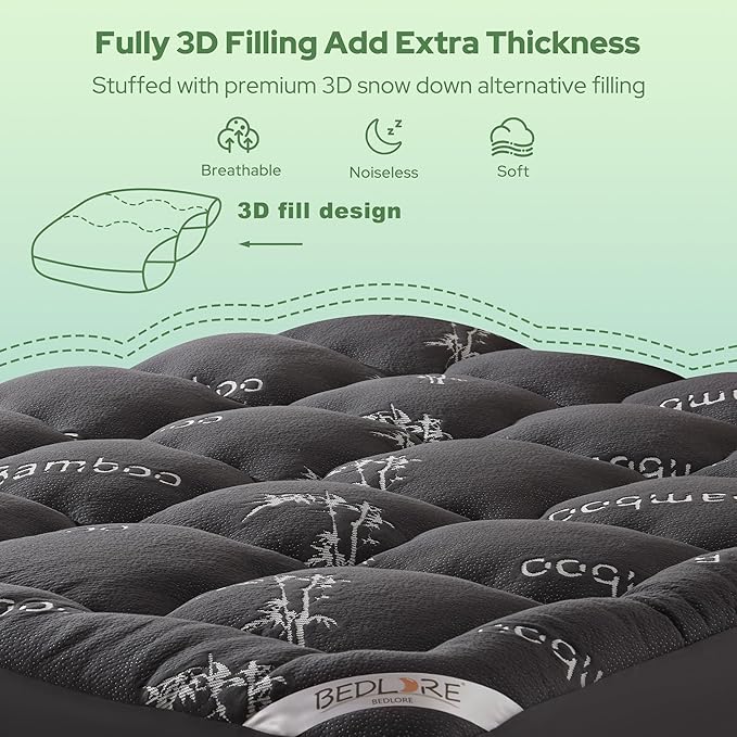 BEDLORE California King Mattress Topper Viscose Derived from Bamboo, Thick Pillow Top Mattress Pad with Stretchable Pockets for 6"-18" Mattress, Soft Mattress Topper for Back Pain Relief(Dark Gray)