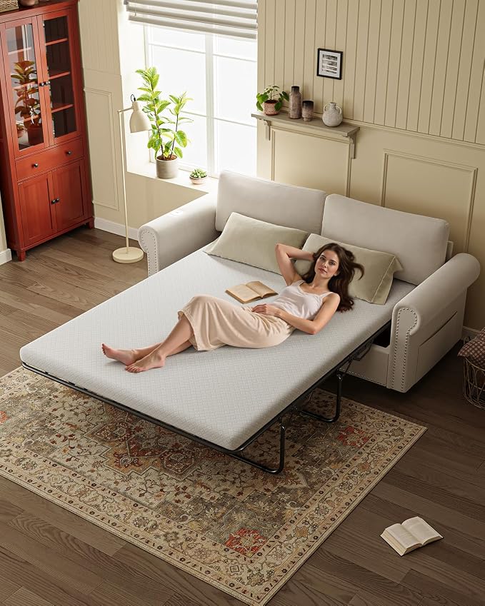 Queen Pull Out Sofa Bed | 83" Large Sleeper Sofa with Queen Size Mattress | 2-in-1 Convertible Loveseat Sofa-Bed with USB Ports Side Pockets Ivory White