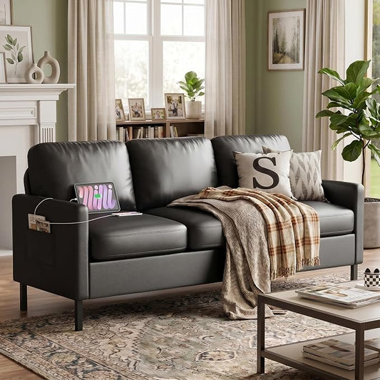 STHOUYN 72" W Faux Leather Black Sofa 3 Seat Couch, Modern Comfy Couch with 2 USB, Small Couches for Living Room Apartment Bedroom Small Spaces, Office(Black)
