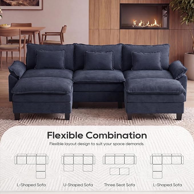 URRED Oversized Modular Sectional Sofa, 122" U Shaped Modern Comfy Cloud Couch with Movable Ottoman & Pillows, Deep Seat Couches for Living Room, Bedroom or Apartment (Corduroy Blue, 122" U Shaped)