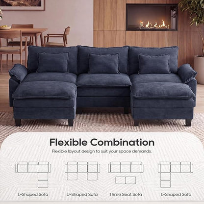 URRED Oversized Modular Sectional Sofa, 122" U Shaped Modern Comfy Cloud Couch with Movable Ottoman & Pillows, Deep Seat Couches for Living Room, Bedroom or Apartment (Corduroy Blue, 122" U Shaped)