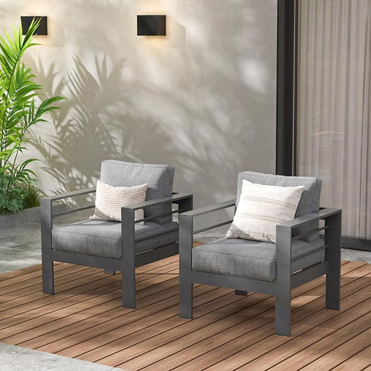 Wisteria Lane Aluminum Outdoor Sofa, 2 Pieces Patio Couch All-Weather Rust-Proof Modern Metal Patio Furniture with 5" Thick Olefin Cushions, Light Grey