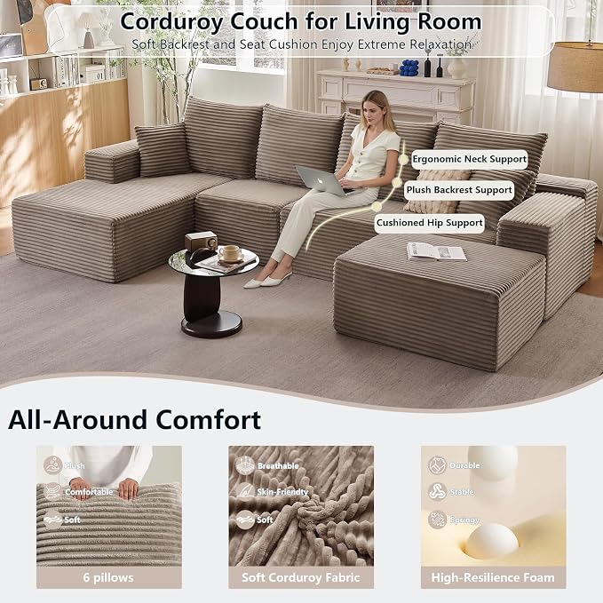 135" Modular Sectional Sofa with U Shaped Chaise, Upholstered Couches for Living Room with Deep Seat, No Assembly Required, Corduroy Cloud Couches, Camel(Left-Facing Chaise
