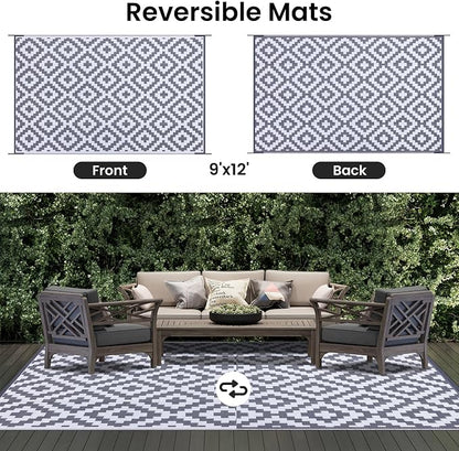Smiry Waterproof Outdoor Rug 9x12 ft, Reversible Plastic Straw Patio Camping Rugs, Outdoor Indoor RV Mat Carpet for Patio, Outside Entry, Backyard, Deck, Bench, Picnic, Camper, White & Grey