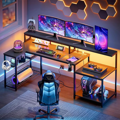 Bestier LED Gaming Desk with Power Outlets, 71 inch L Shaped Computer Desk with Monitor Stand, Large Desk with Printer Stand Adjustable Shelf, Cup Holder & Hooks, Home Office Desk Black | Carbon Fiber Desktop, 20 Static 22 Dynamic RGB Modes, Storage Ra...