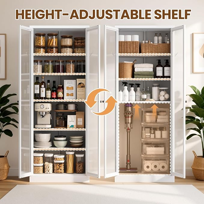 Metal Pantry Cabinet, 72" Kitchen Pantry Cabinet with 2 Doors and 5 Adjustable Shelves, White Steel Storage Cupboard for Dining, Office, Living Room, Bathroom