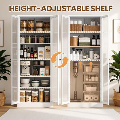 Metal Pantry Cabinet, 72" Kitchen Pantry Cabinet with 2 Doors and 5 Adjustable Shelves, White Steel Storage Cupboard for Dining, Office, Living Room, Bathroom