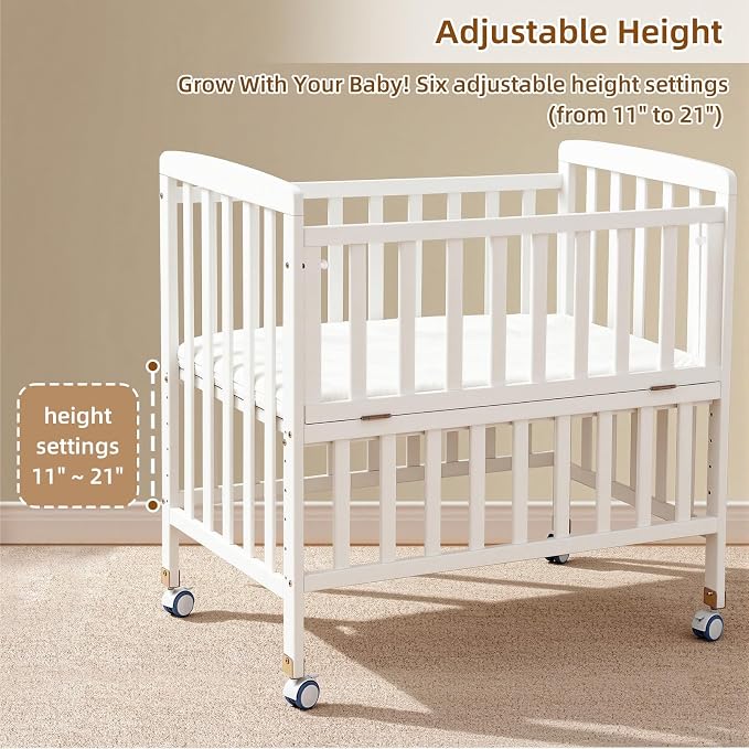 Flwrgirl Convertible Mini Baby Crib - Portable Bedside Bassinet with Mattress Included,3 Heights Baby Crib with Wheels for Small Room and Newborns 0-12 Months,White