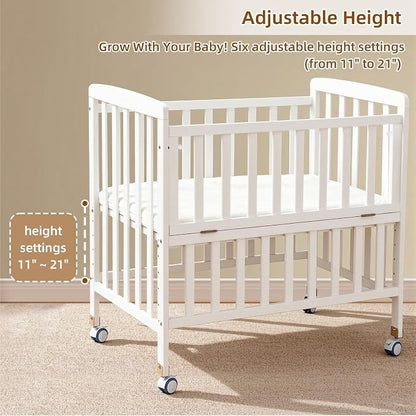 Flwrgirl Convertible Mini Baby Crib - Portable Bedside Bassinet with Mattress Included,3 Heights Baby Crib with Wheels for Small Room and Newborns 0-12 Months,White