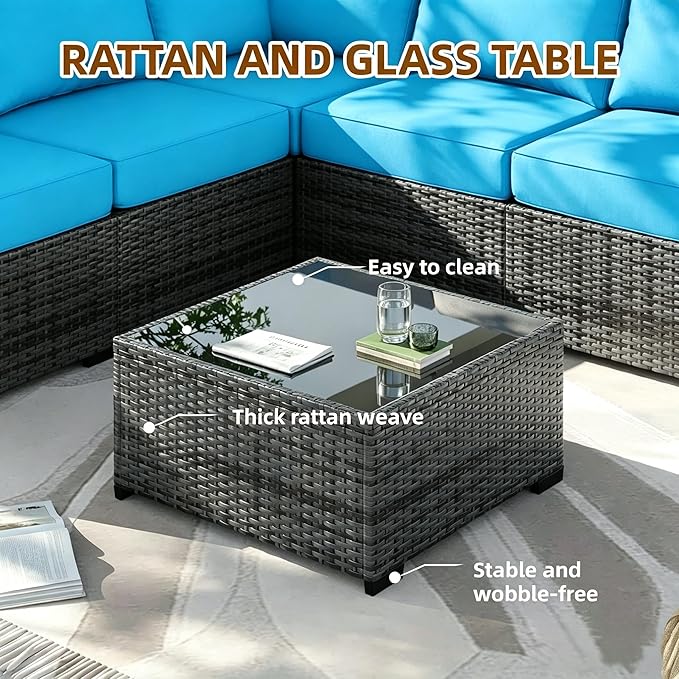 MOCHITO 7 Pieces Outdoor Patio Furniture Sets, All-Weather Sectional Sofa Grey PE Rattan Wicker Conversation Set with Glass Table and Washable Turkish Blue Cushions for Backyard,Sunroom,Garden,Porch