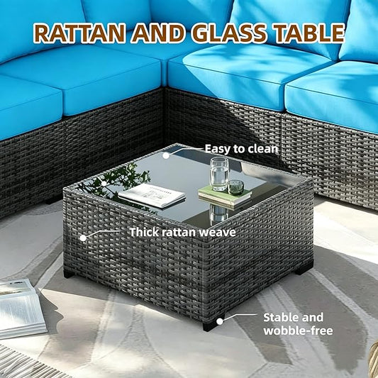 MOCHITO 7 Pieces Outdoor Patio Furniture Sets, All-Weather Sectional Sofa Grey PE Rattan Wicker Conversation Set with Glass Table and Washable Turkish Blue Cushions for Backyard,Sunroom,Garden,Porch