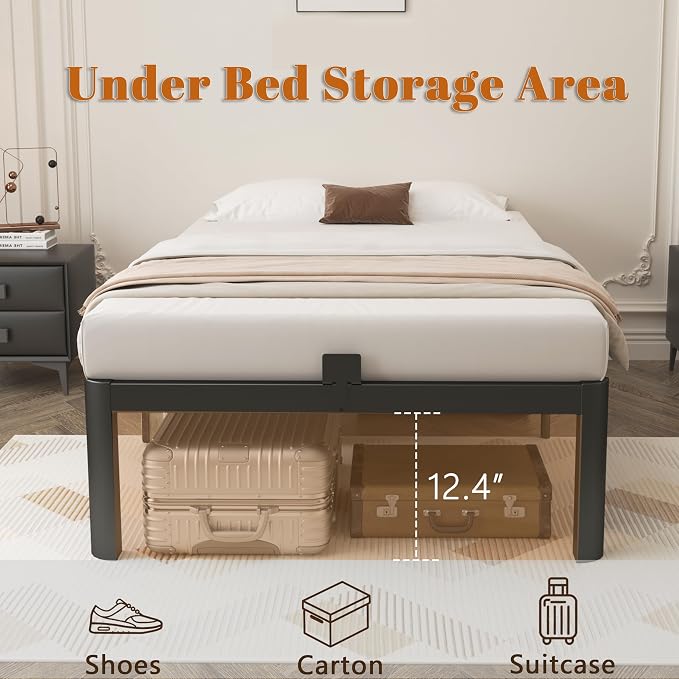 14 Inch Twin Bed Frames, Black Bed Frame Twin Size with Metal Baffles, No Box Spring Needed, Heavy Duty Steel Platform Supprt, Rounded Corner Design, Reserved Holes, Storage Space, Noise Free