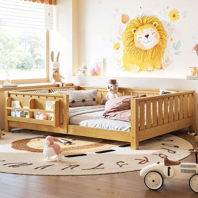 Bellemave Full Floor Bed with Slats and Rails, Full Size Montessori Floor Bed with Bookcase and Fence, Easy Assemble Montessori Beds for Girls, Boys, Deep Natural Floor Beds