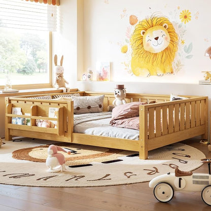 Bellemave Full Floor Bed with Slats and Rails, Full Size Montessori Floor Bed with Bookcase and Fence, Easy Assemble Montessori Beds for Girls, Boys, Deep Natural Floor Beds