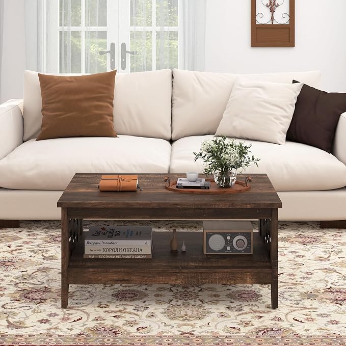 Giantex Farmhouse Coffee Table, 2-Tier Center Table with Storage Open Shelf & Woven Slatted Design, 39.5" Rectangular Accent Cocktail Table, Wood Coffee Tables for Living Room (Rustic Brown)