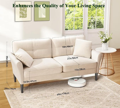 Loveseat Sofa, 69" Love Seat Couches, Comfy Velvet Small Couches for Small Spaces with 2 Pillows, Tool-Free Setup Sofas & Couches, 700lb Load Sofas for Living Room, Mini Couch for Bedroom, White Couch