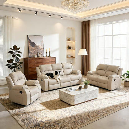 Reclining Couch Sofa Set Anti-Scratch Leather Recliner Couch Loveseat for Living Room, Bedroom, RV, Theater Seating(3 Seat Sofa+Loveseat,Beige)