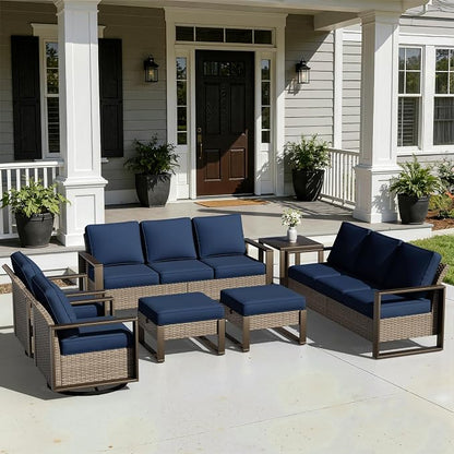Outdoor Patio Swivel Rocker Chairs, 7 Pieces Wicker Furniture Set, 2 Swivel Rocking Chairs, 2 Sofa 2 Ottoman and 1 Table, Wide Armrest, Thick Cushions and Deep Seating for Garden, Backyard, Porch