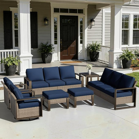 Outdoor Patio Swivel Rocker Chairs, 7 Pieces Wicker Furniture Set, 2 Swivel Rocking Chairs, 2 Sofa 2 Ottoman and 1 Table, Wide Armrest, Thick Cushions and Deep Seating for Garden, Backyard, Porch