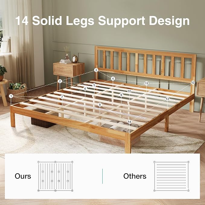 Novilla 12inch King Size Bed Frame Wooden King Bed Frame and Headboard, Classic King Size Bed Frame with Headboard, No Box Spring Needed, Easy Assembly, Natural