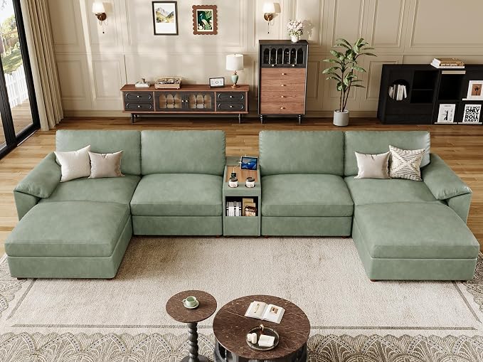 EASE MOOSE Leather Sectional Couch with Console,Oversized Modular Sectional Sofas,Wide Deep Seat Modular Couch,Scratch Resistant Faux Leather Material,U Shaped Sofa for Big Spaces,Green