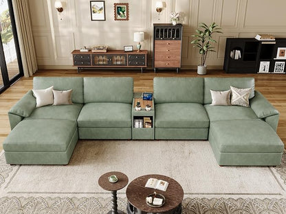 EASE MOOSE Leather Sectional Couch with Console,Oversized Modular Sectional Sofas,Wide Deep Seat Modular Couch,Scratch Resistant Faux Leather Material,U Shaped Sofa for Big Spaces,Green