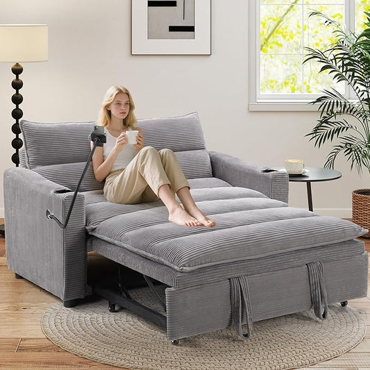 HAOMARKETS 3-in-1 Convertible Loveseat Sleeper Sofa Bed, 2-Seat Pull Out Couch with Cup Holders, Phone Holder and USB Ports, Corduroy 3-Level Adjustable Backrest Couches for Living Room, Grey