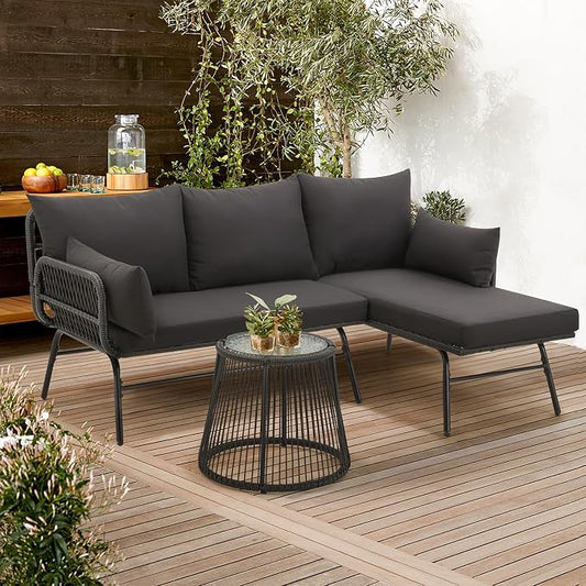 Bezseller 3-Piece Outdoor Patio Furniture Set, L-Shaped Rattan Sectional Sofa with Thick Cushions, Glass Coffee Table – All-Weather Conversation Set for Backyard, Porch, Poolside