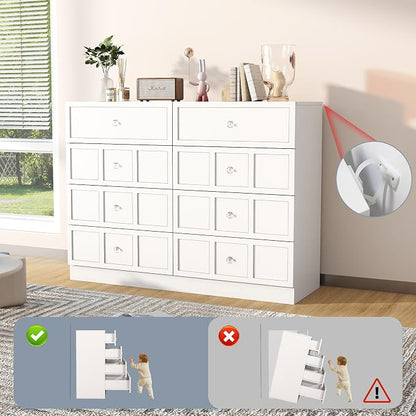 8 Drawer Dresser for Bedroom: 47" White Wide Tall Dressers for Bedroom, Modern Fluted Dresser with Deep Drawers, Wooden Chest of Drawers for Living Room