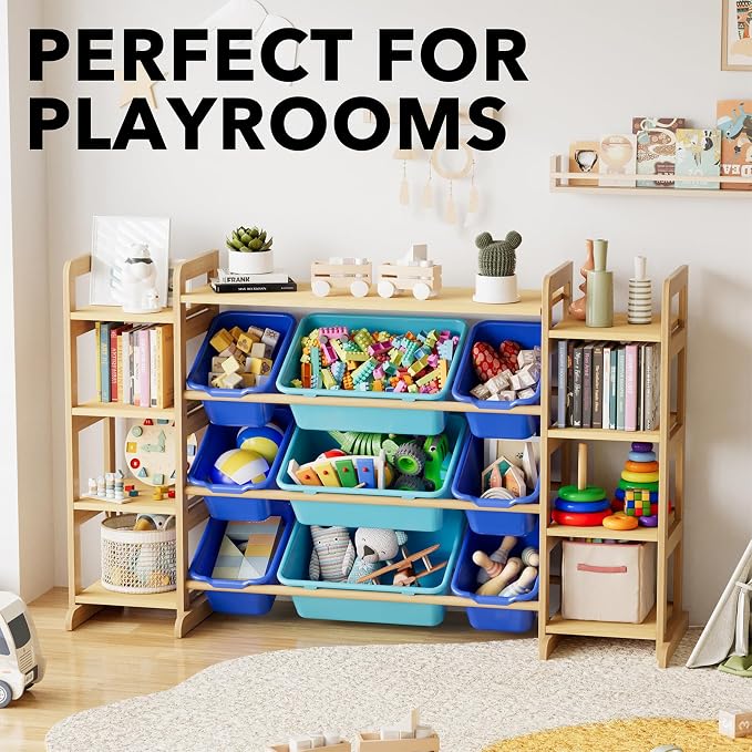 SpaceAid Large Toy Storage Organizer 9 Shelves 9 Bins, Toy Organizers Storage Bookshelf, Kids Bin Shelf Toys Box Bookcase for Bedroom Playroom Organization Room Decor, Blue and Navy Blue