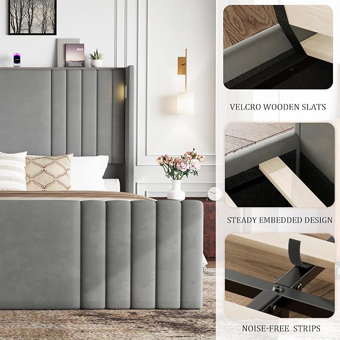 Queen Bed Frame with 55.1" Tall Headboard, Velvet Upholstered Platform Bed with Channel Tufted Wingback, 2 Reading Lights/Storage Shelf/Charging Station/Easy Assembly/Noise-Free, Grey