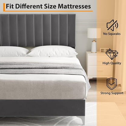 IDEALHOUSE Queen Size Bed Frame with Adjustable Headboard, Velvet Upholstered Platform Queen Bed Frame with Strong Wooden Slats, Non-Slip and Noise-Free, No Box Spring Needed, Easy Assembly, Grey