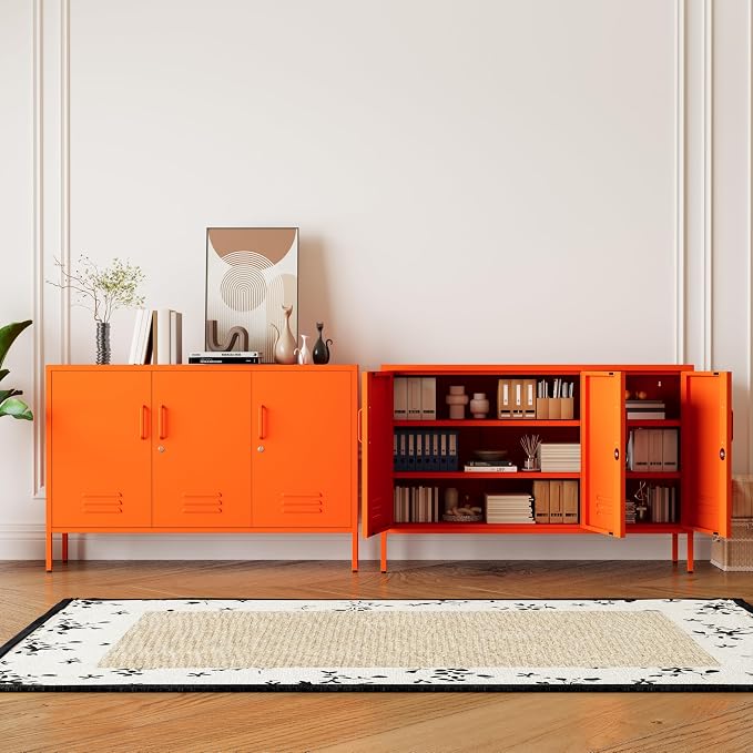 Orange Metal Storage Cabinet 3 Door Wide Metal Storage Cabinet 2 Layer Adjustable Shelves 32 "H Wide Steel Lockable Storage Cabinet Multipurpose Metal Accent Cabinet for Office/Home/Dining