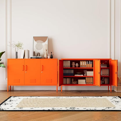 Orange Metal Storage Cabinet 3 Door Wide Metal Storage Cabinet 2 Layer Adjustable Shelves 32 "H Wide Steel Lockable Storage Cabinet Multipurpose Metal Accent Cabinet for Office/Home/Dining