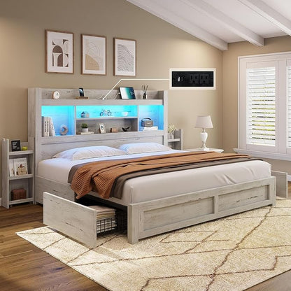 AMERLIFE California King Size Bed Frame with 4 Storage Drawers, LED Bed Frame with 49.6" Tall Bookcase Headboard, Wood Platform Bed with Charging Station & 2 Slide Bedside Shelf, Distressed White