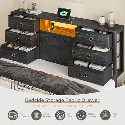 Homkdom King Size Bed Frame with 9 Fabric Drawers Storage, Charging Station & LED Lights, Metal Platform Bed Frame with Headboard,Noise-Free and Easy Assembly,Black