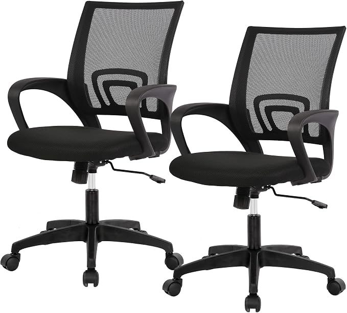 BestOffice | Ergonomic Office Chair | Mid-Back Swivel Desk Chair | Breathable Backrest & Lumbar Support | Adjustable Height | Sponge Seat | Rolling Wheels | Dark Black | for Adults & Women