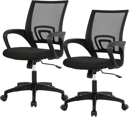 BestOffice | Ergonomic Office Chair | Mid-Back Swivel Desk Chair | Breathable Backrest & Lumbar Support | Adjustable Height | Sponge Seat | Rolling Wheels | Dark Black | for Adults & Women