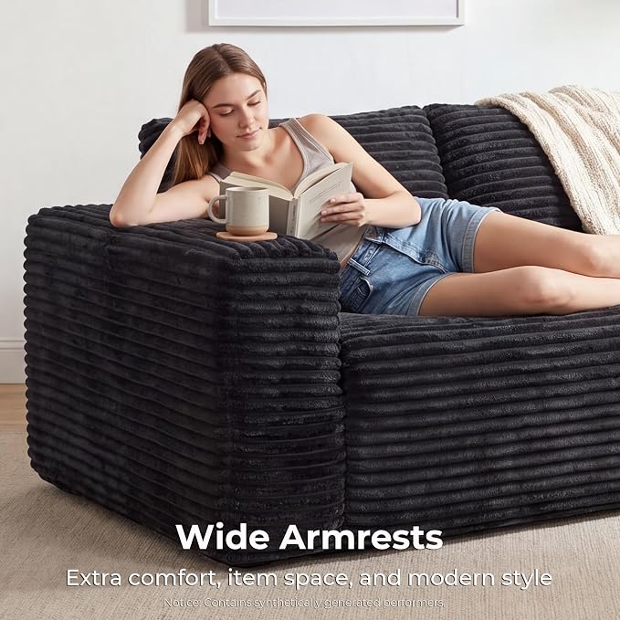 LIKIMIO Liorin Plush 71" Boneless Loveseat Sofa Black Corduroy No Assembly | 2 Seater | High-Density Foam | 25.6" Deep Seat | 17.3" High Seat | Sofa in a Box | Ideal for Apartment/Living room