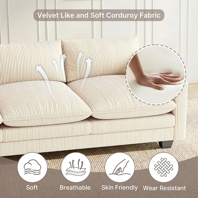 Gizoon 110'' Oversized L Shaped Couch for Living Room, Cloud Couches with Washable Corduroy Cover, Modern 4-Seater Comfy Deep-Seat Sofa with Movable Ottoman and 2 Throw Pillows for Apartment, Beige
