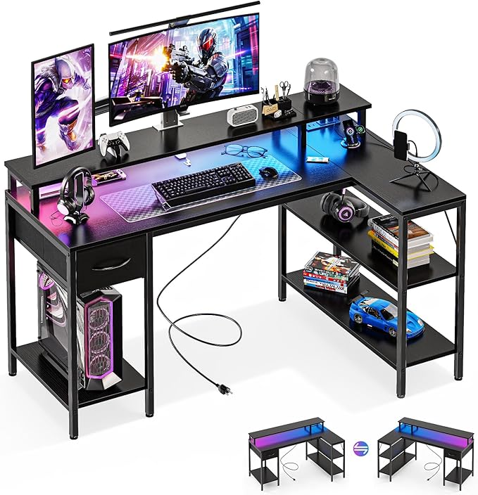 DUMOS 53" Gaming Desk with USB Charging Ports & LED Lights, Reversible L-Shaped Corner Computer Table for Small Spaces, Power Outlets, Monitor Stand & Storage Shelves Included, Modern Black