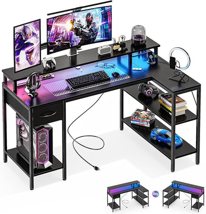 DUMOS 53" Gaming Desk with USB Charging Ports & LED Lights, Reversible L-Shaped Corner Computer Table for Small Spaces, Power Outlets, Monitor Stand & Storage Shelves Included, Modern Black