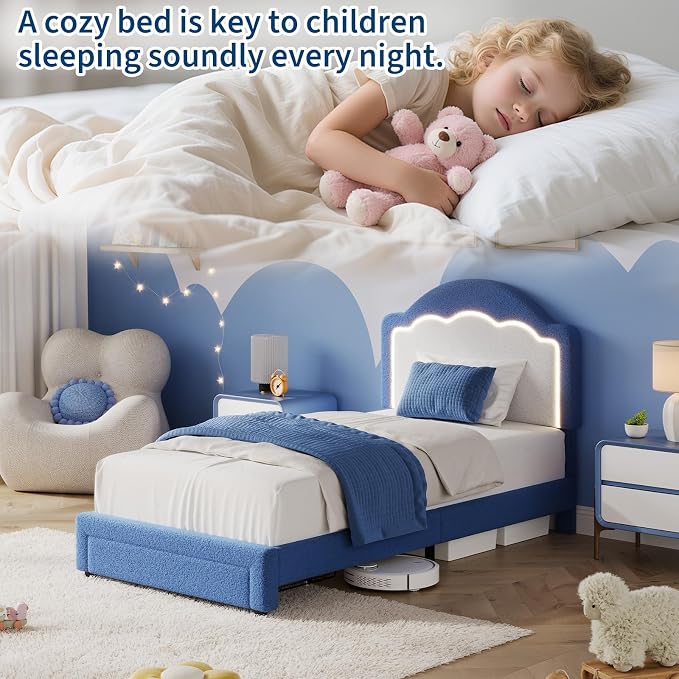 IDEALHOUSE Twin Bed Frame with LED Headboard and Under-Bed Drawer, Boucle Fabric Upholstered Platform Bed with LED Light for Kids, Girls, Wooden Slats Support, No Box Spring Needed, Pink