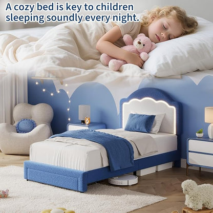 IDEALHOUSE Twin Bed Frame with LED Headboard and Under-Bed Drawer, Boucle Fabric Upholstered Platform Bed with LED Light for Kids, Girls, Wooden Slats Support, No Box Spring Needed, Pink