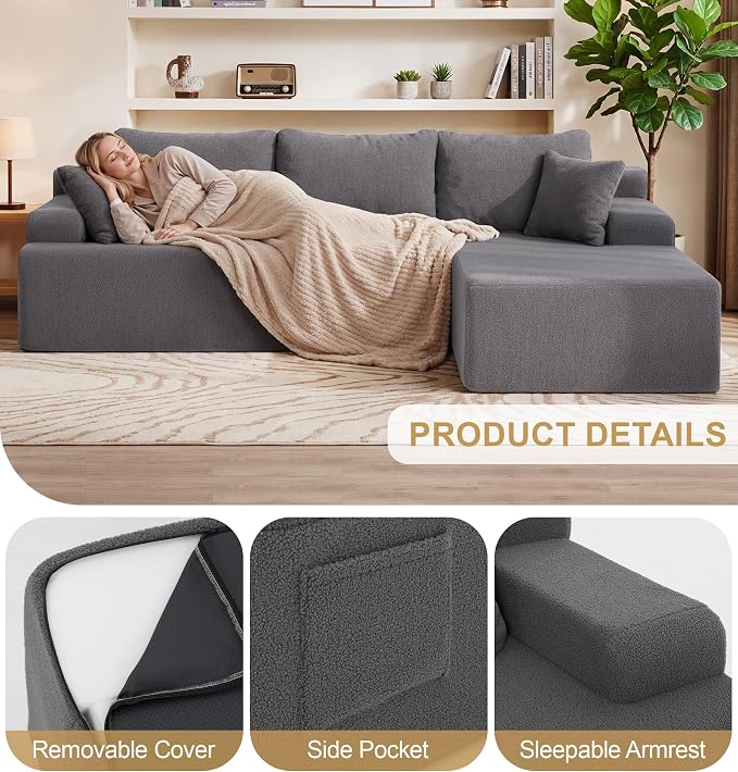 Hobestluk Modular Sectional Sofa Couches L-Shape Couch 3 Seat Modular Sofa Memory Foam Sectional Couches for Living Room, Cloud Couch with Oversized Chaise (Grey Smooth, 96", Right Hand Facing)