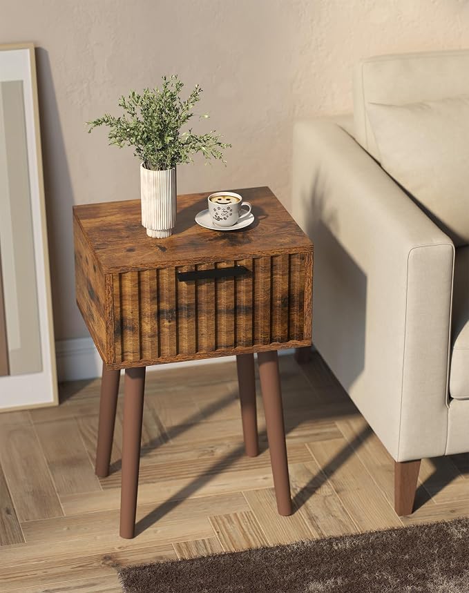 YMYNY Fluted Nightstand Set of 2, Small End Table, Modern Coffee Table with Drawer, Solid Wood Legs, Retaining Chain, 13.8" x 10.6" x 20.9", for Bedroom and Small Spaces, Rustic Brown UHST014H-2